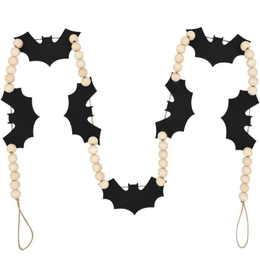 (Set of 4) Wooden Beaded Felt Bats Garland for Halloween Indoor/Outdoor Decor